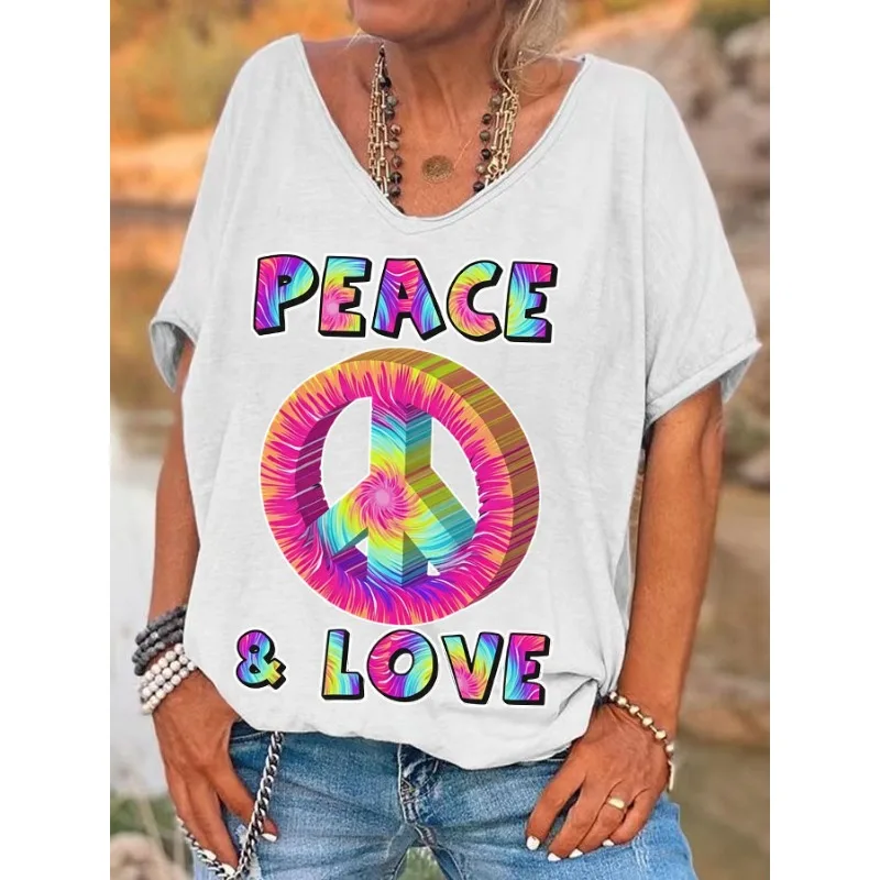 ilstile Women's Hippie Peace Love Print T-Shirts Summer Holiday Short Sleeve T Shirt Casual Loose V Neck Tops Tees NEW