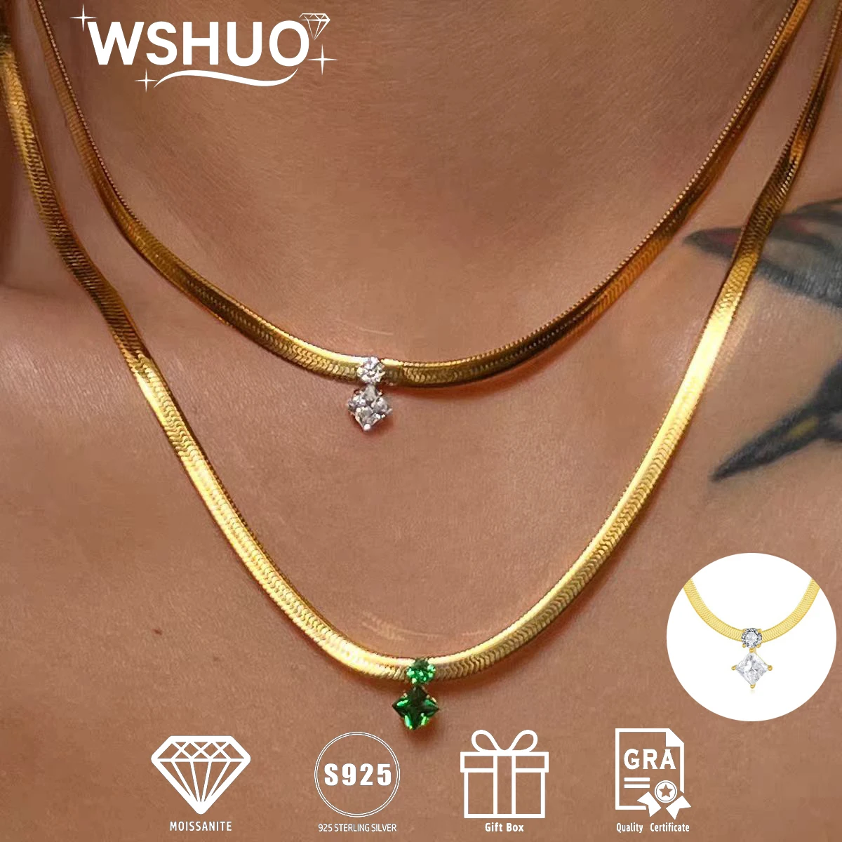 

WSHUO 18-каратное позолоченное кулон с муассанитом огранки «Принцесса» S925, цепочка из стерлингового серебра, многослойные двухслойные ожерелья для женщин