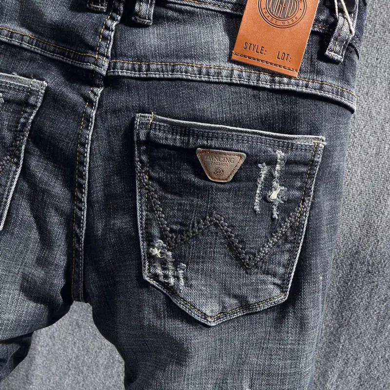 Fashion Designer Men Jeans Retro Black Blue Stretch Slim Fit Ripped Jeans Men Hole Trousers Vintage Casual Denim Pants Hombre