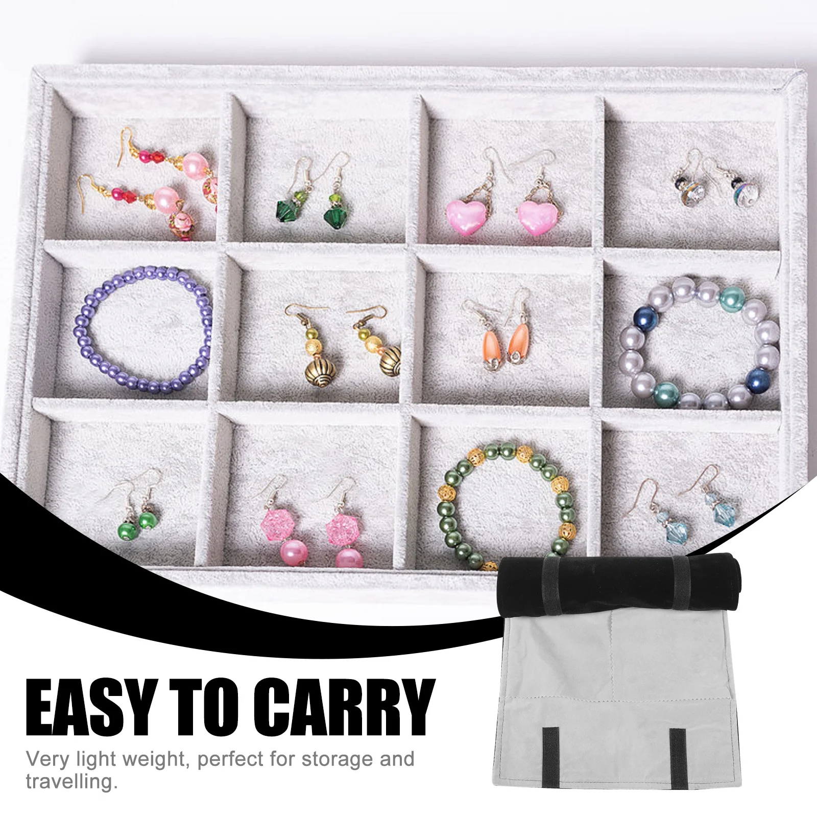 

Роскошная сумка для хранения ювелирных изделий в рулонах, серая подкладка, легкий органайзер для путешествий, вмещает 12 колец, 12 серег, 6 браслетов, ожерелья