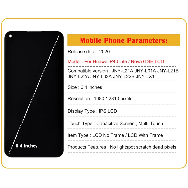 Original LCD Display for Huawei, Touch Screen Digitizer, Huawei P40 Lite, JNY-LX1, JNY-L21A, Nova 6 SE, 6.4\