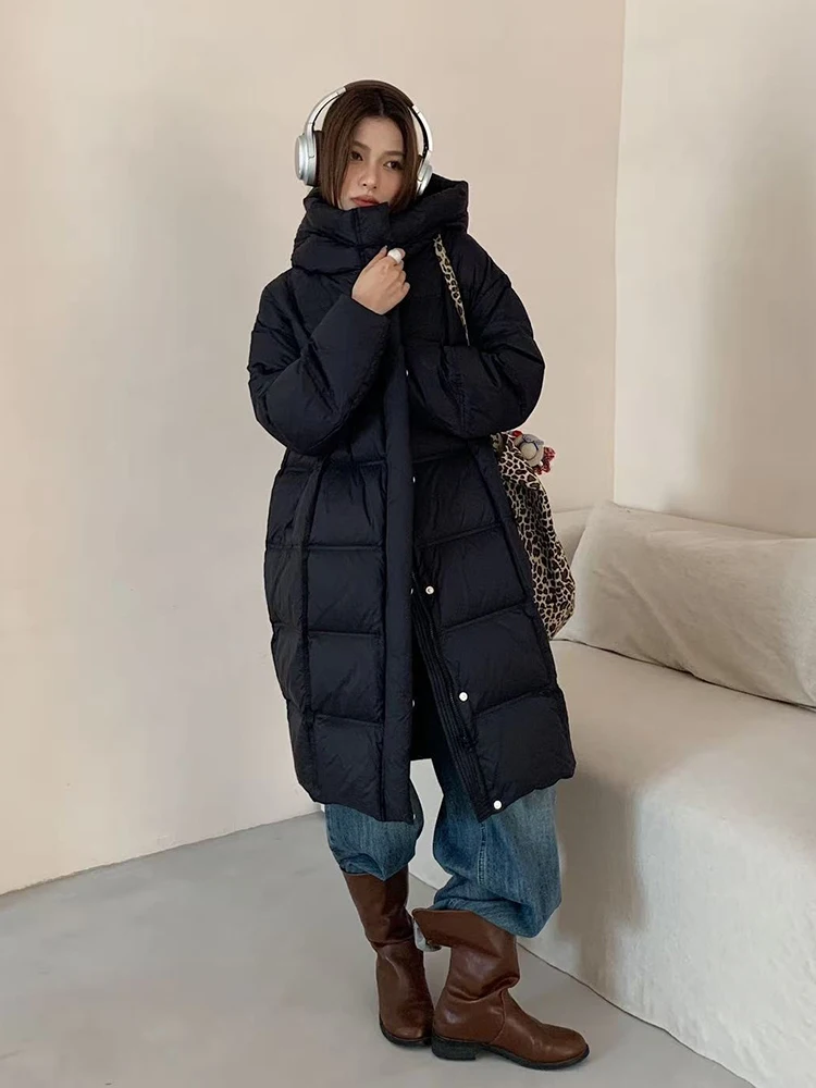 

Winter Long Fluffy Hooded Down Jacket Women 90% White Duck Down Thicken Down Jacket Female Loose Warm Parker Knee Length Outwear