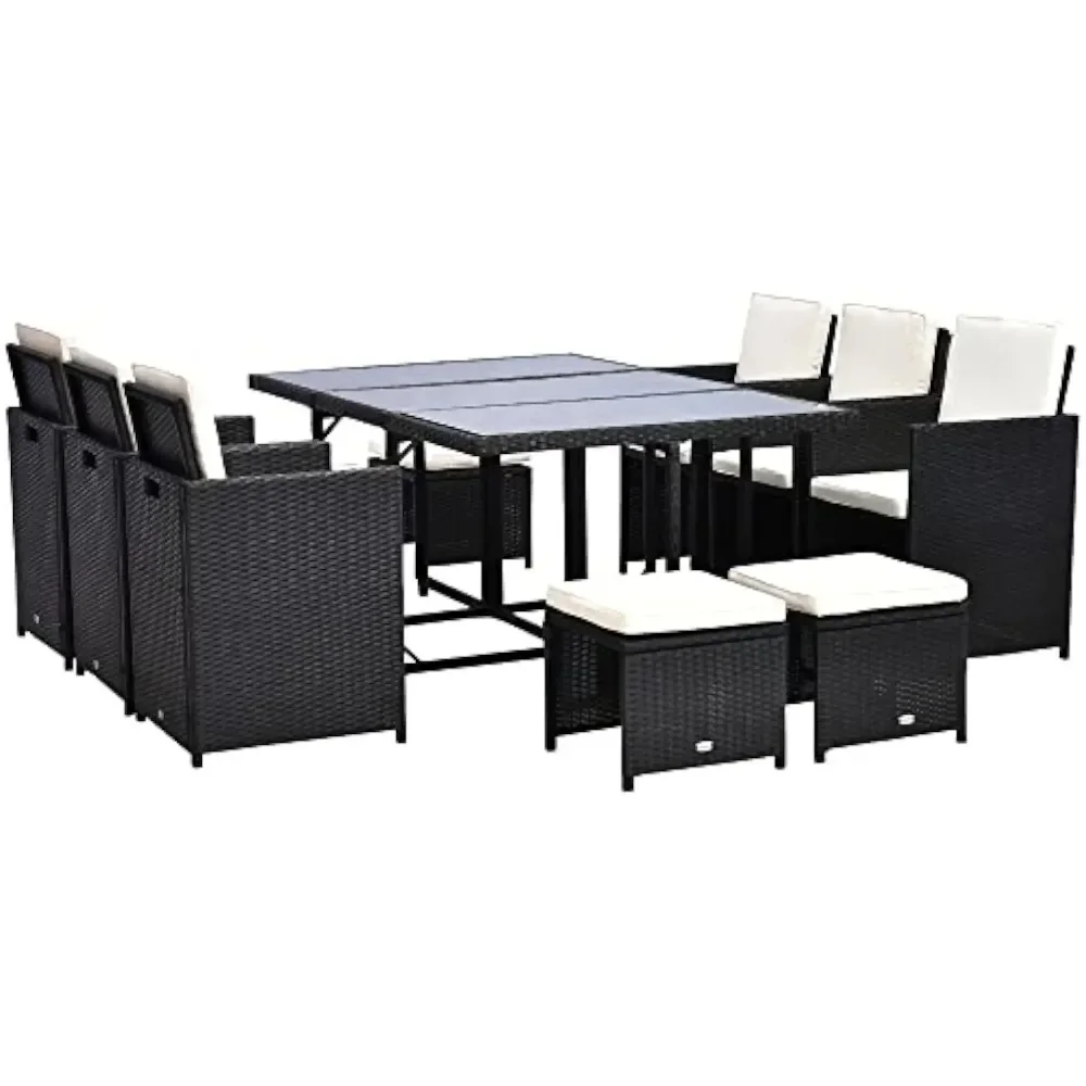 11 Pieces Patio Wicker Dining Sets, Space Saving Outdoor Sectional Conversation Set, with Dining Table, Ottoman and Chair