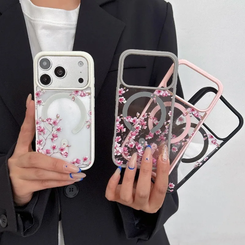 INS Pink Cherry Flower Clear Background Design Phone Case For iPhone 18 17 15 14 13 16 Pro Max Plus For Magsafe Charge Cover view 6