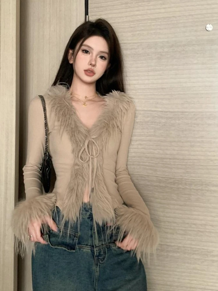 Deeptown Korean Fashion Solid Knitted Cardigan Women Elegant Sexy Slim Cropped Sweater Y2K Vintage Luxury Lace Up Tops Old Money