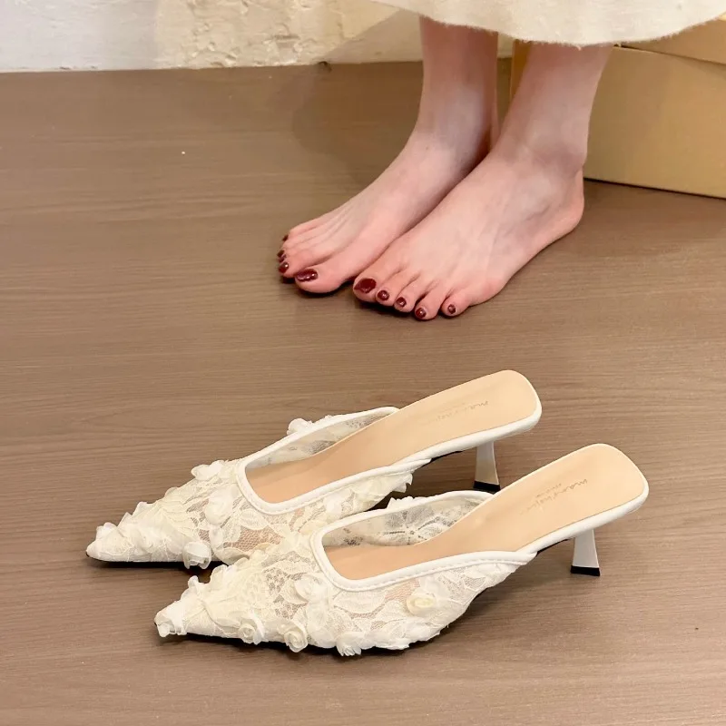 Fashion Womne's High Heel Slippers French Style Pointed High Heels Single Shoes Summer Women BaoTou Half-slippers Mules Slippers