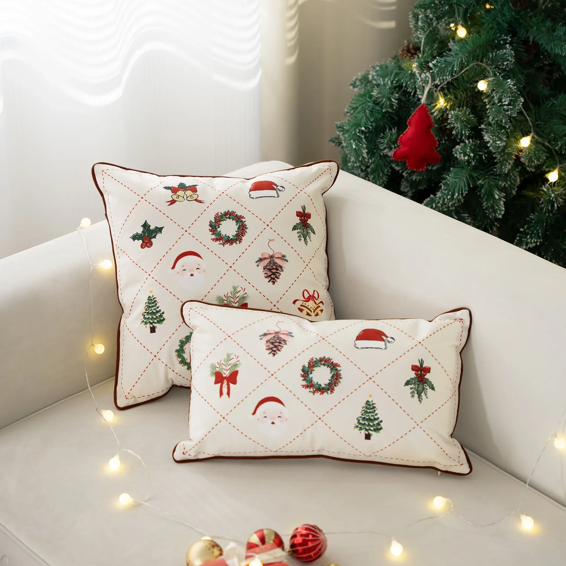 Christmas Decoration Pillow Cover White Embroidered Santa Tree Snowflakes Nutcracker Cushion Cover For Sofa Bed Chair Soft Cozy