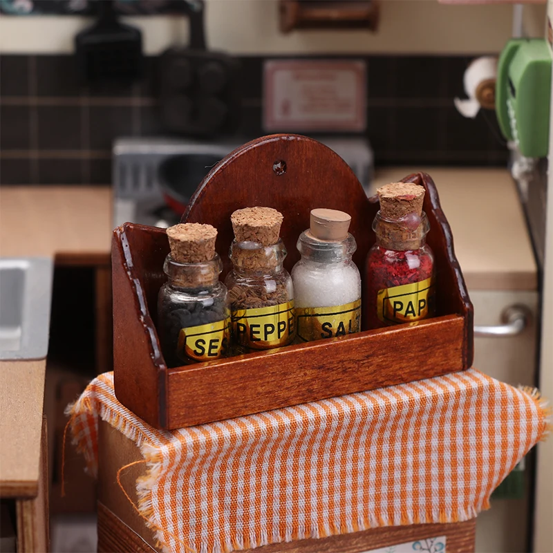 Mini botella de especias para casa de muñecas, estante para condimentos, estante de pared, muebles de cocina, decoración, accesorio de juguete, 1/12