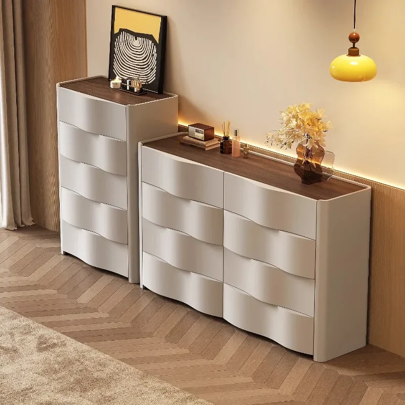 Modern Italian minimalist light luxury high-end solid wood bedroom, antique locker at the end of the bed