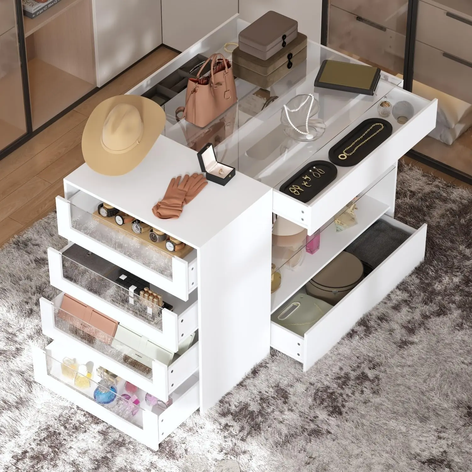 8-Drawer Glass Tabletop Island Wardrobe Closet with Jewelry Organizer Modern White Bedroom Dresser & Display Cabinet PB/Glass image 4