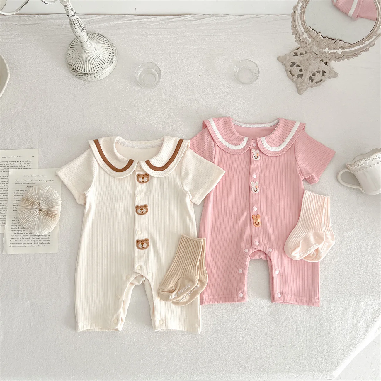 Korean 2024 Summer Baby Onesie Bear Rabbit Ear Jumpsuit Girl Clothes Suit For Girls Newborn Baby Things Newborn Photography