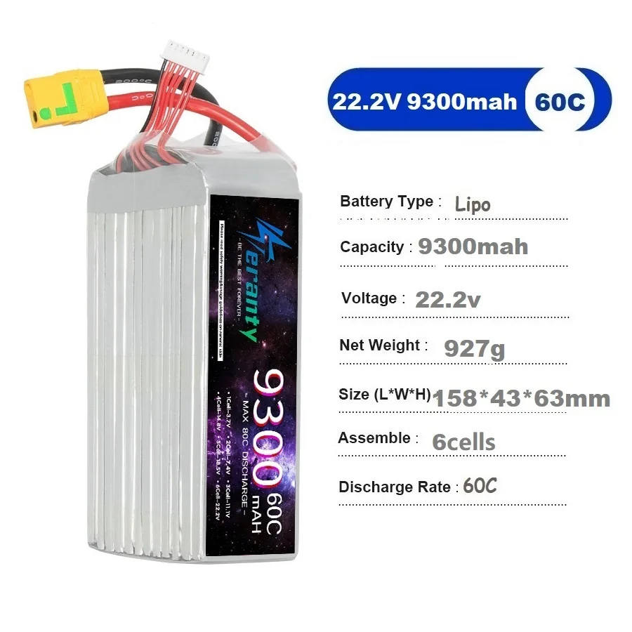 Teranty Lipo Battery 6S 22.2V 9300mAh Battery With XT90S XT60 EC5 T Deans Connector For Rc Car Climbing Car 4x4 Vehicles Trucks