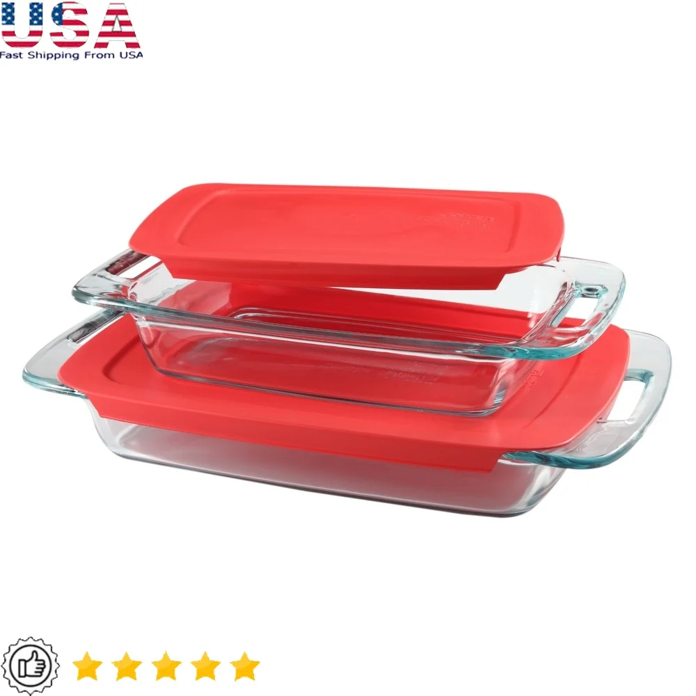 Easy Grab Glas-Backgeschirr-Set, 4-teilig, mit roten Deckeln, antihaftbeschichtet, für Ofen, Mikrowelle, spülmaschinenfest, langlebig, Transportgriffe, Aufbewahrung