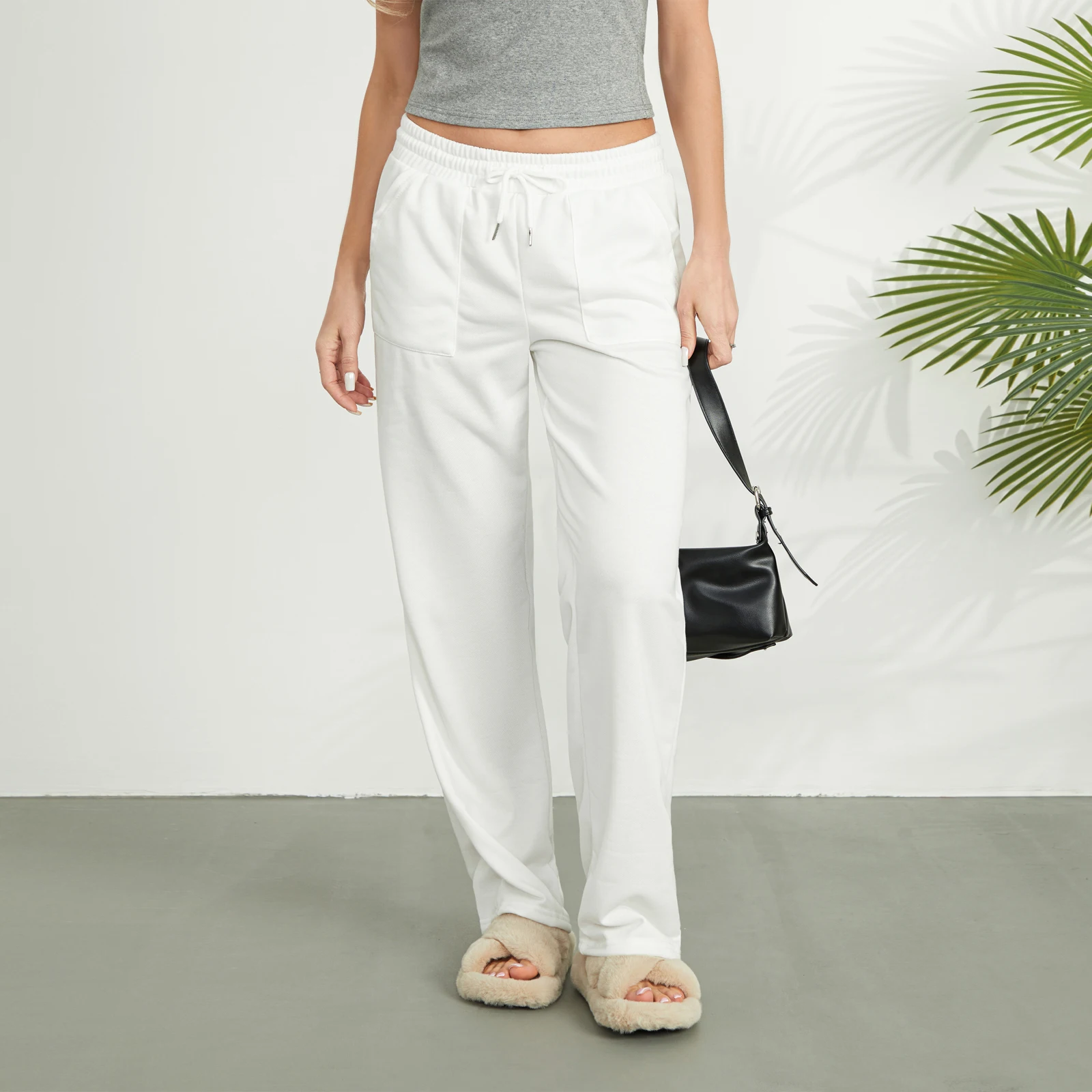 

Women's Solid Color Sweatpants Casual High Waist Elastic Waistband Drawstring Straight Leg Pants with Pocket for Winter Fall