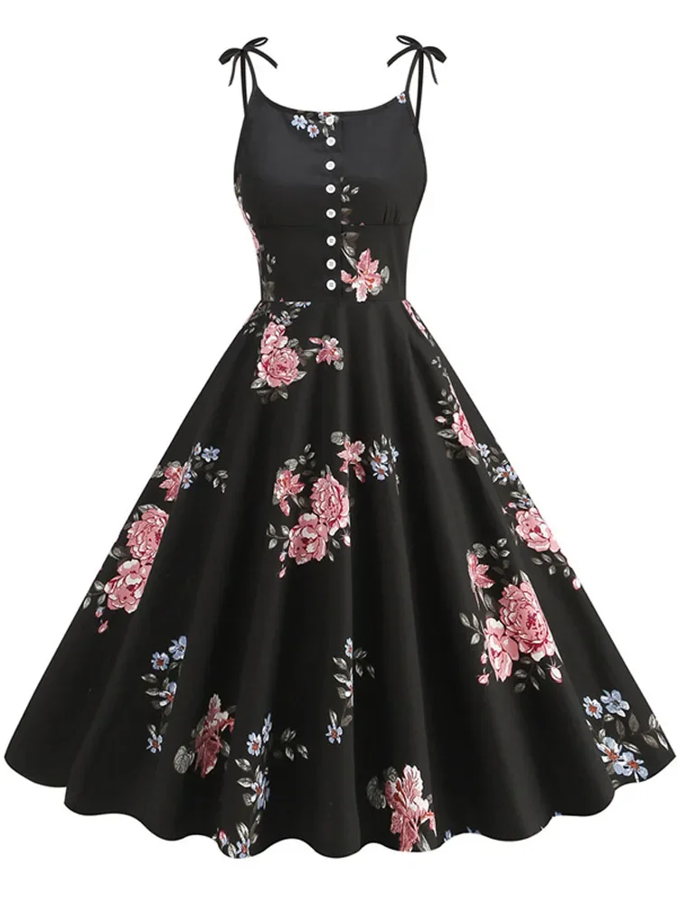 Sexy Party Short Cocktail Vintage Dress with Pocket Spaghetti Straps 2024 Bow Button Shirt Floral Print Hepburn Style 50s Dress