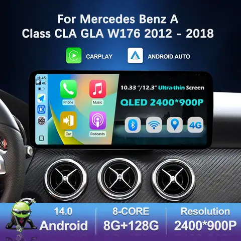안드로이드 14 네비게이션 GPS 자동차 라디오 멀티미디어 플레이어 메르세데스 벤츠 A 클래스 CLA GLA W176 2012 - 2018 QLED 터치 스크린 4G BT