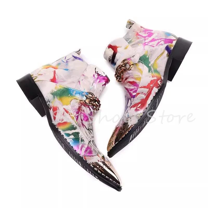 

Fashion Men's Wedding Party Dress Leather Shoes Mixed Color Metal Pointed Toe Slip-On Chelsea Boots Male Motorcycle Boots