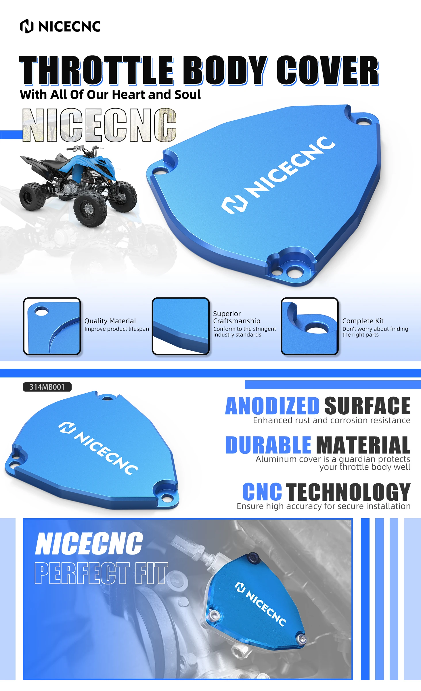 NICECNC ATV Drosselklappengehäuse-Abdeckkappe, Schutz für Yamaha Raptor 700 2012–2023, Raptor 700R 2016–2024, 2019, Raptor 700 700 R, Aluminium – Detail 1