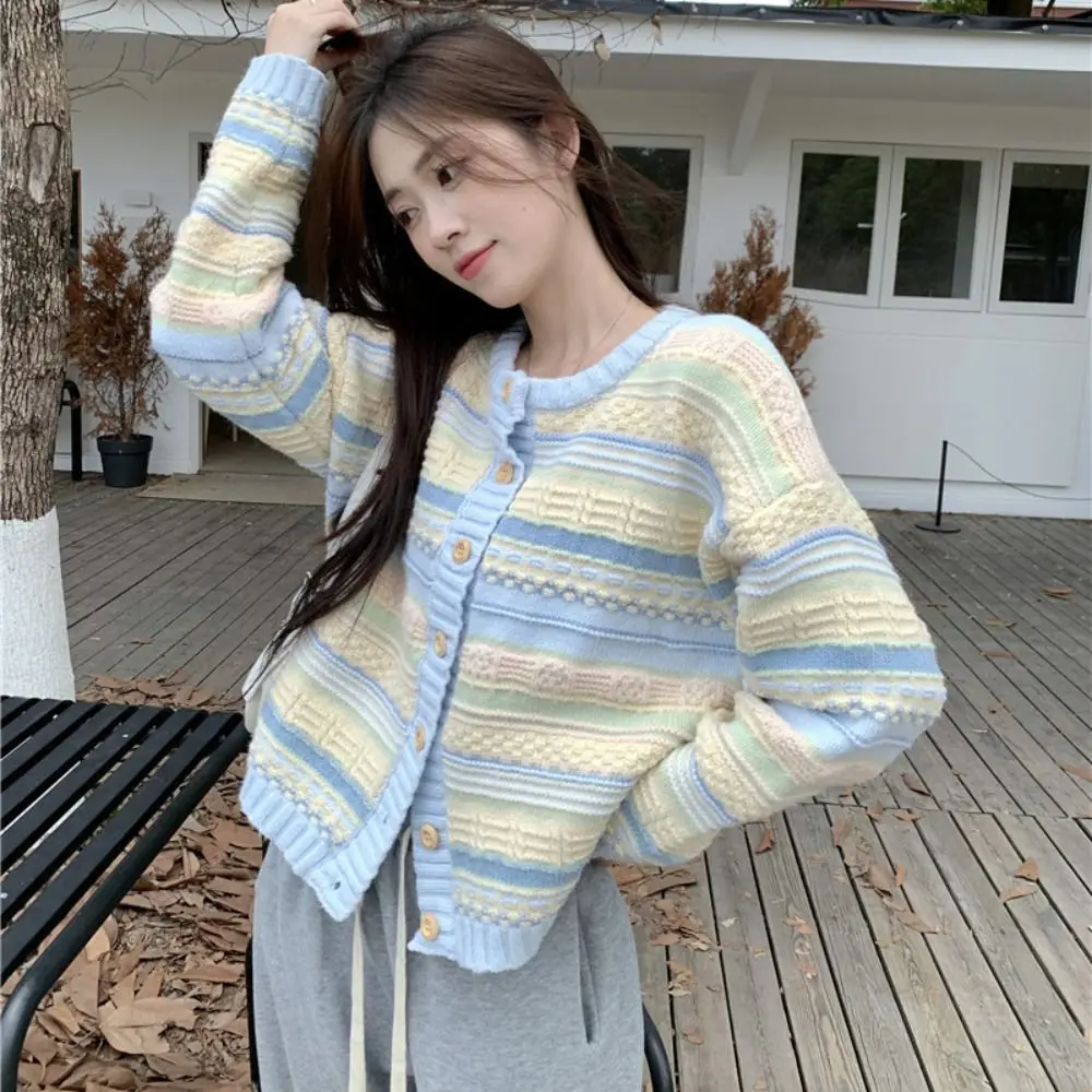 긴 소매 스트라이프 크로셰 스웨터 가을 봄 한국 카디건 여성 Y2K 레이디스 탑 루즈 슬림 크롭 니트 코트 스트리트웨어