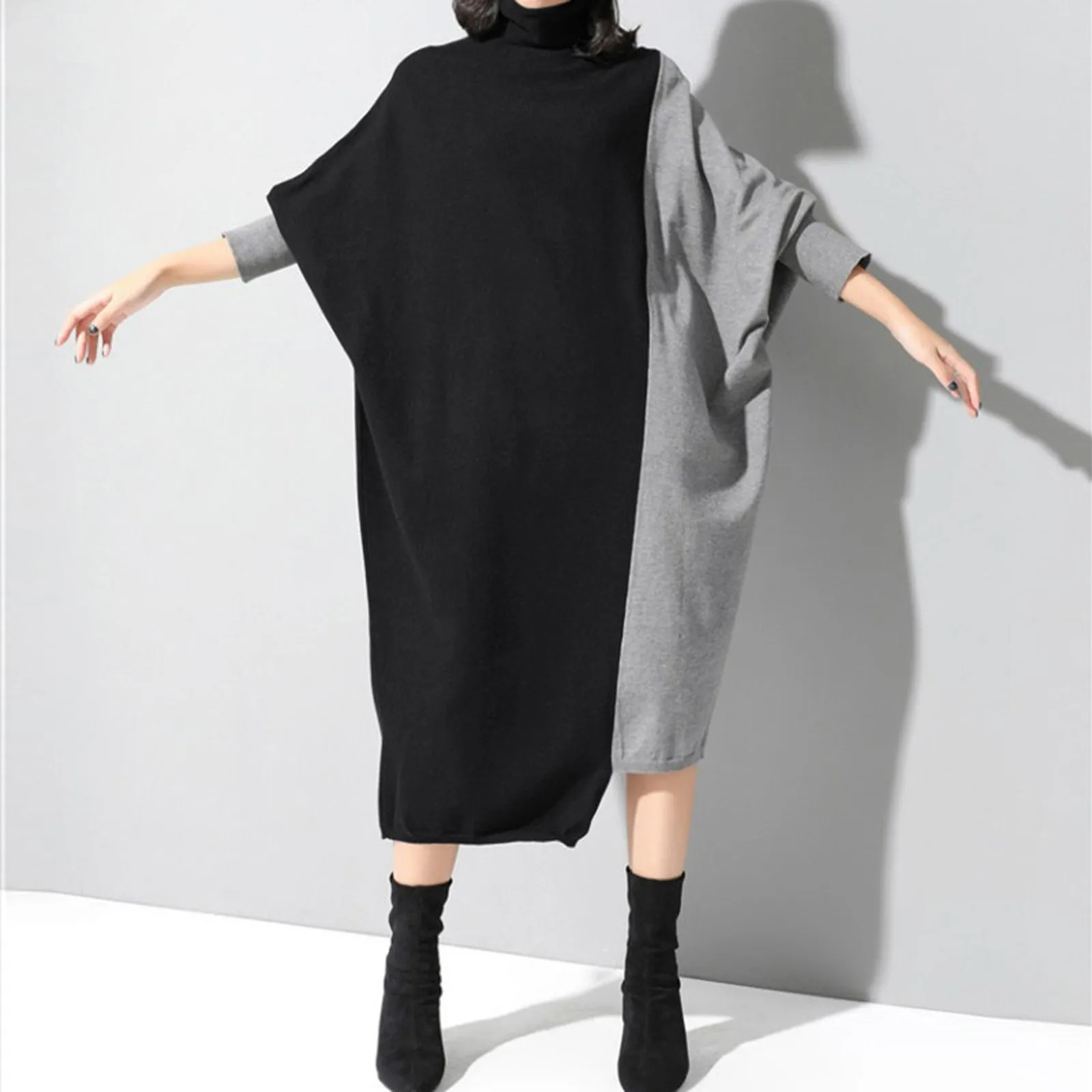 

Streetwear Spliced Knitted Long Dresses Women Long Sleeve High Neck Sweater Dress Color Block Patchwork Pullover Robes Vestidos