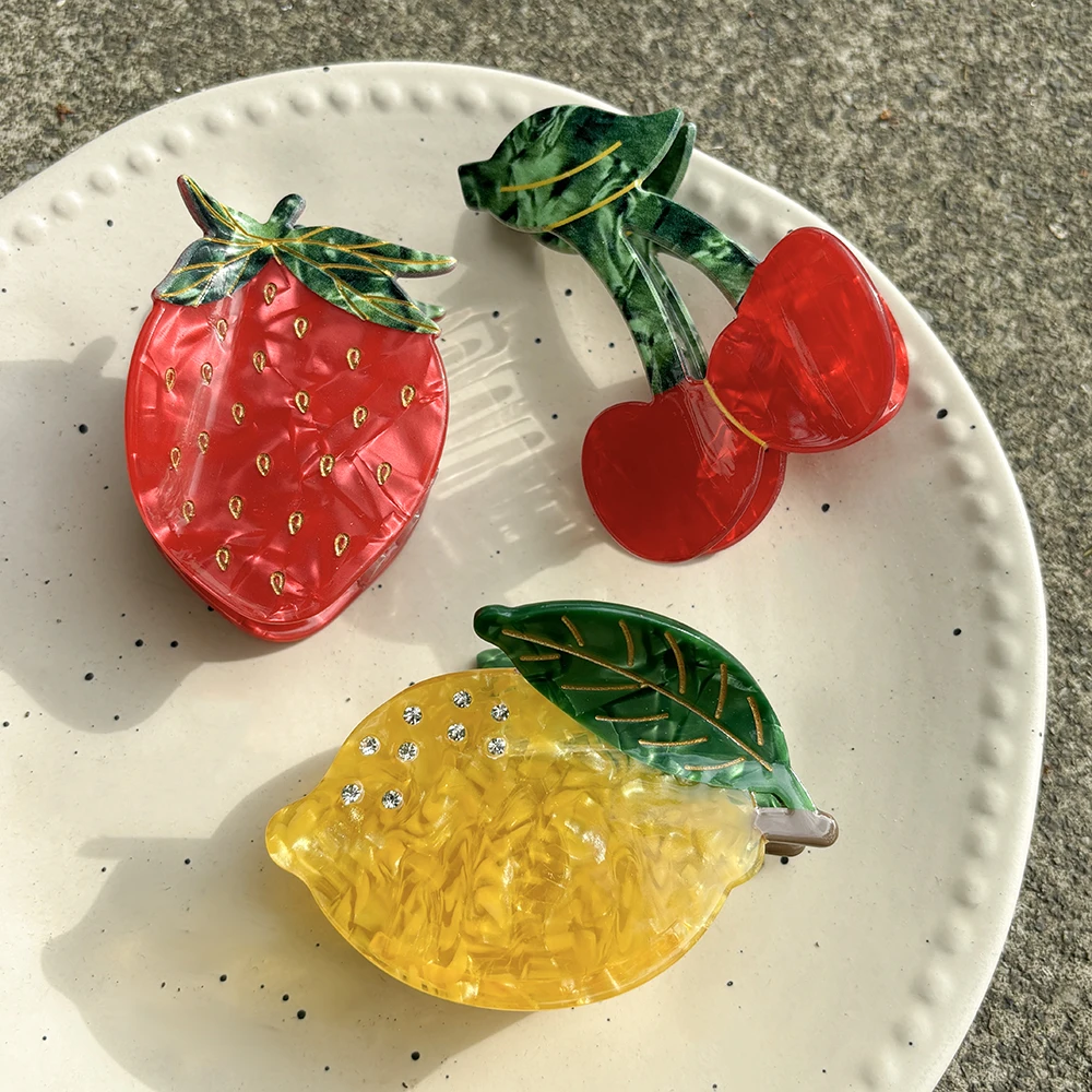 AENSOA Summer Fashion Cute Fruit Acrylic Hair Claw Clip Strawberry Lemon Cherry Shape Hair Accessory For Women Vacation Gift
