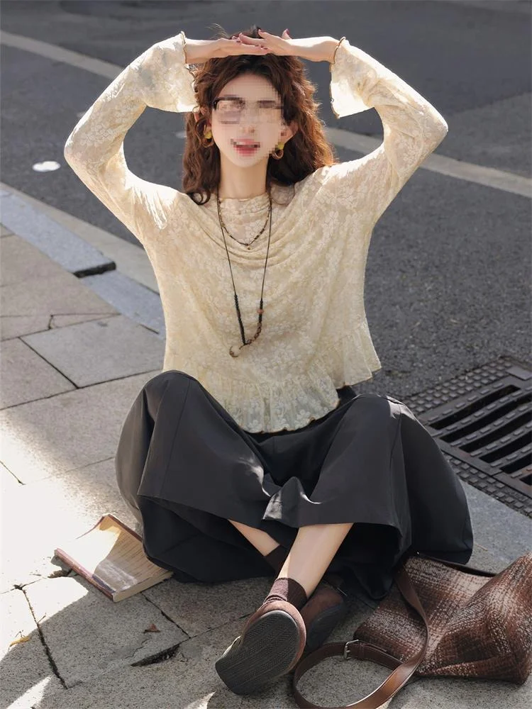 Korean Style Ladylike Long Sleeve Lace Ruffle  Top Women's New Autumn Gentle Fashion Commute Straight Cut Snowflake Shirt