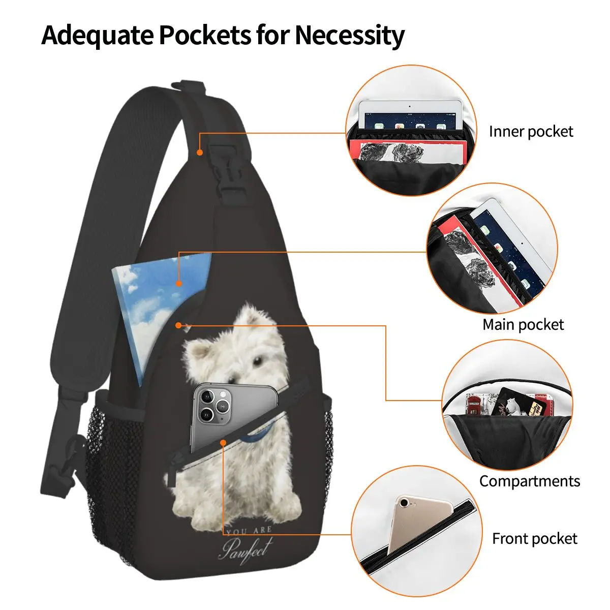 West Highland Terrier Dog Sling Bag Peito Crossbody Ombro Sling Mochila Viagem Caminhadas Daypacks Bonito Puppy Impresso School Bag