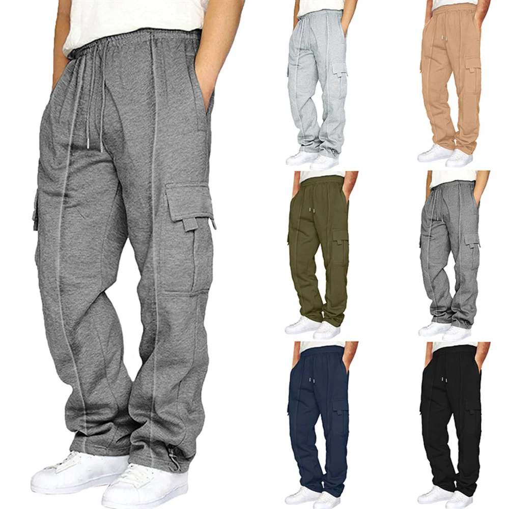 Mens Multi Pocket Work Pants Autumn Casual Running Joggers Sports Outdoor Commuter Velvet Legging Sweatpants Men's Clothing 2024