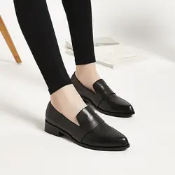 Normal Leather Casual Office Shoes for Woman 2024 Women's Summer Footwear Low Heel Elegant Formal Black Pointed Toe Stylish Y2k