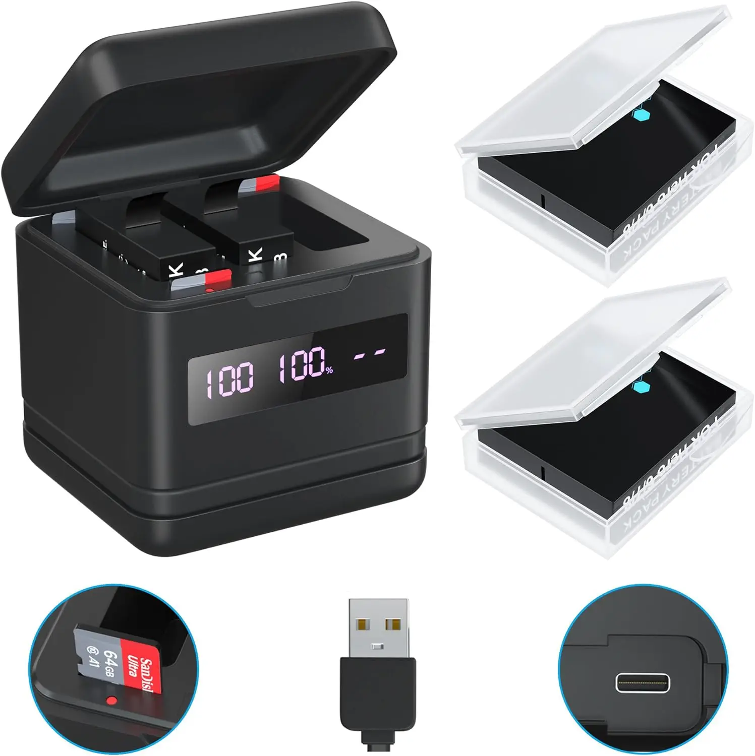 

GoPro Hero 8/Hero 7/Hero 6/Hero 5 1800mAh Battery and Type-C Fast Charger with High Speed Micro SD Card Reader and Battery Power Read Function（GoPro fully decoded battery）