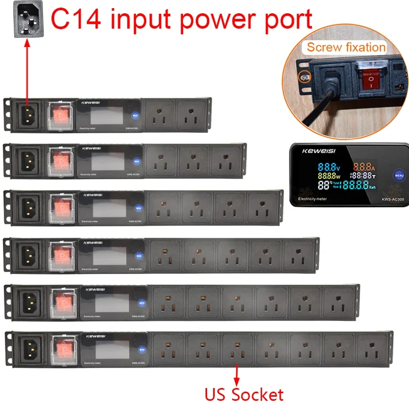 PDU power strip cabinet rack wall mounted desktop  Voltmeter C14 input power input 2-8 way US socket expansion appliance