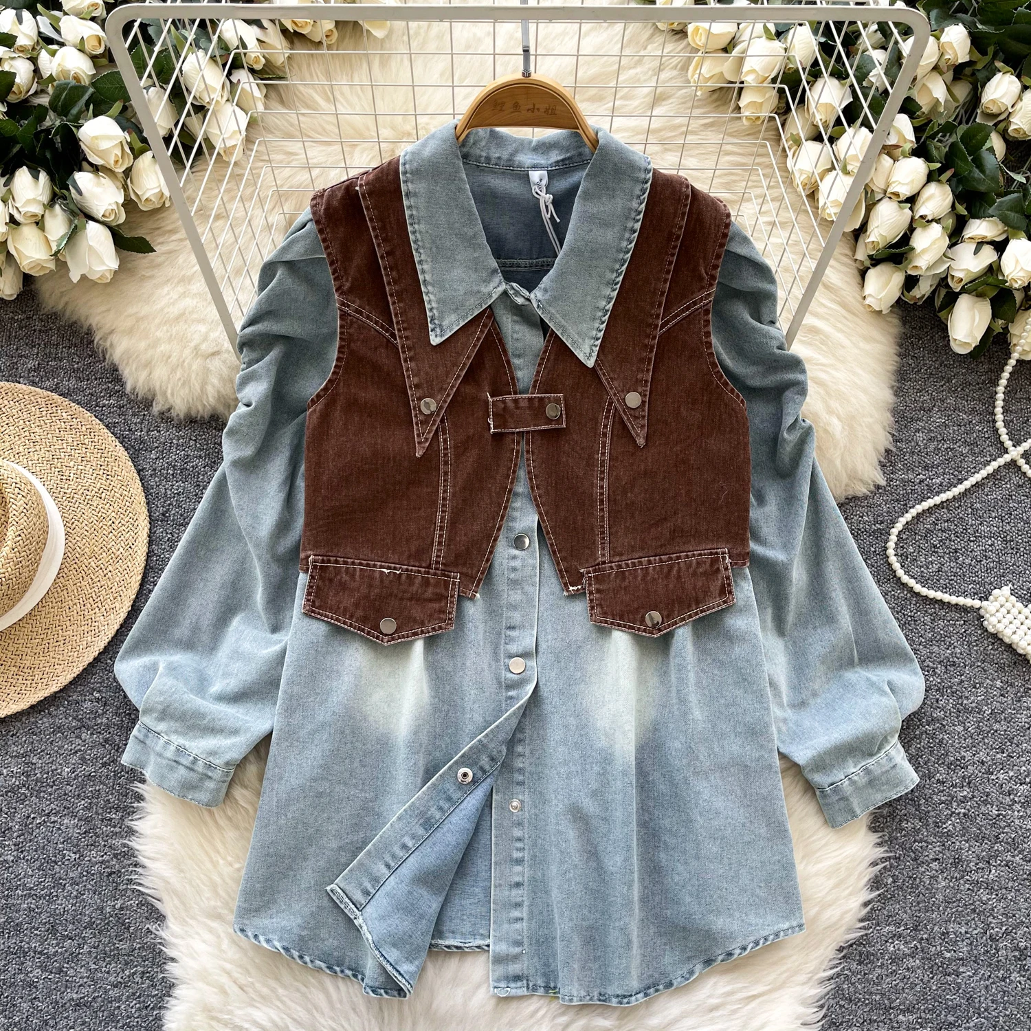 Women Long Denim Two-piece Set Outside Buckle Vest + Korean Style Bubble Sleeve Jeans Shirt