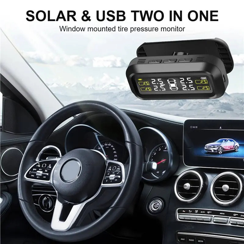 2X Tire Pressure Monitor System Temperature Warning Fuel Save With 4 External Sensors Solar TPMS