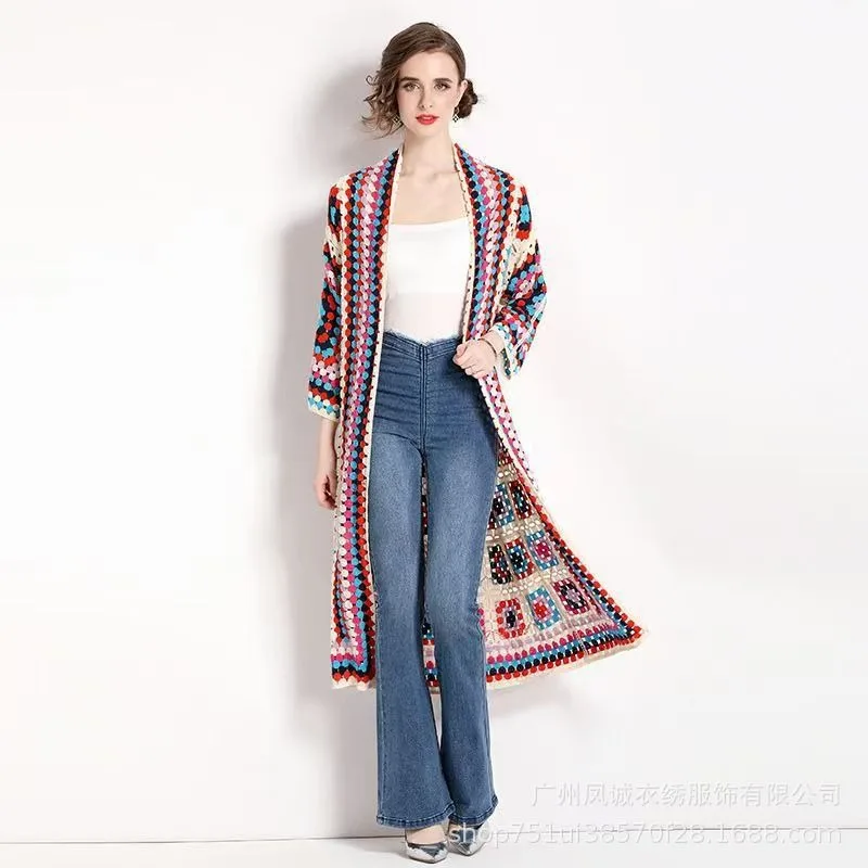 New Fashion Women Crochet Floral Color Blocking Grid Knitted Coat Casual Long Sleeve Outwear Loose Mid Long Styles Cardigan Top