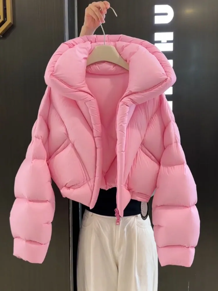 Coréen Sle ort rose vers le bas Jaet femmes hiver Thiened pain Sle col montant manteau Ci décontracté longue fermeture éclair