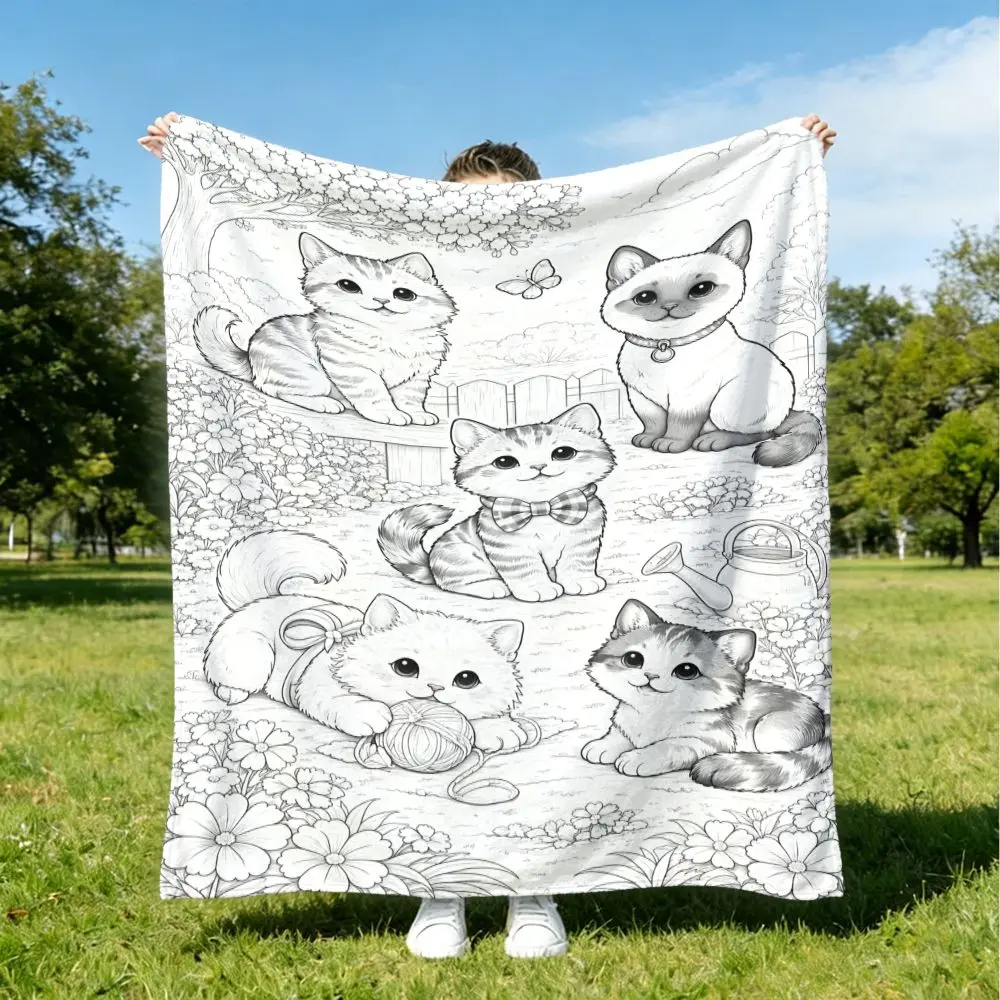 1pc Hand‑Drawn Cute‑Cat‑Garden‑Sketch‑Print Throw Blanket, Sofa Decor, Skin‑Friendly Stress‑Relief DIY Coloring Home Gift