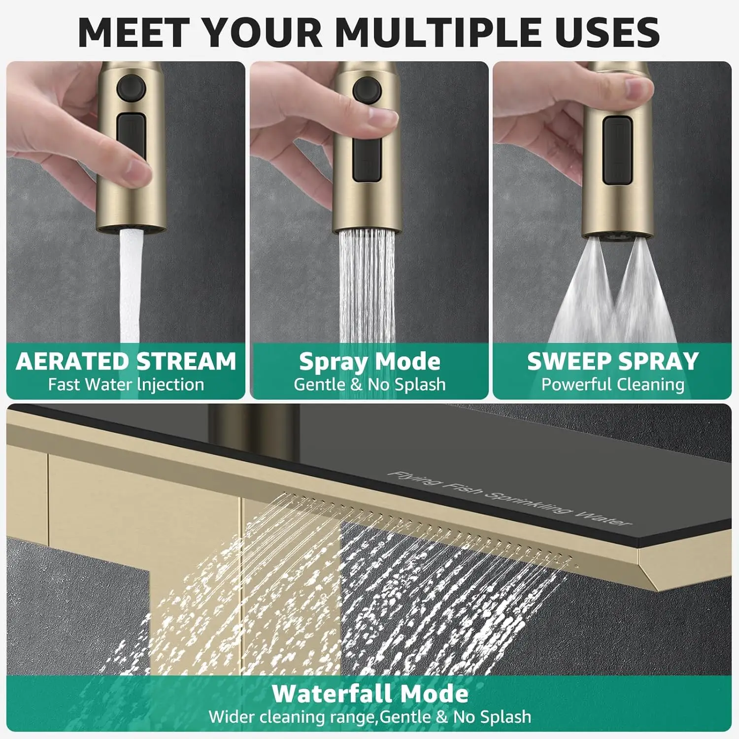 Waterfall Kitchen Faucet with Pull Down Magnetic Sprayer Brushed Gold,Stainless Steel,4 Functions,Single-Hole,Sigle-Han