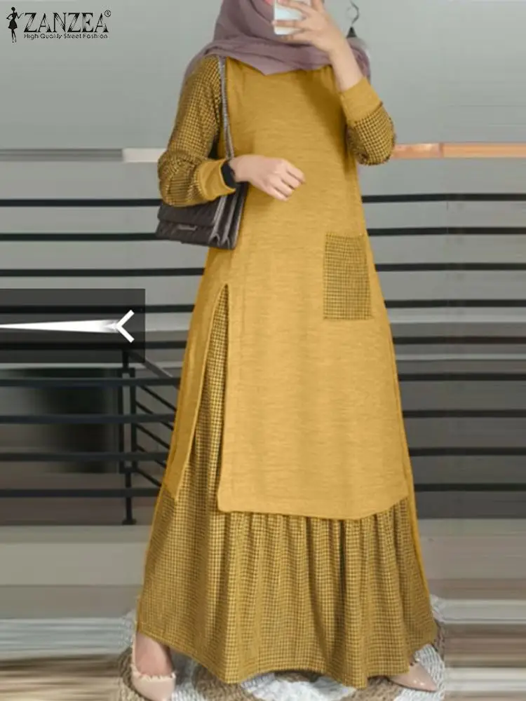 Women Vintage Muslim Plaid Checked Dress ZANZEA Spring Long Sleeve Patchwork Long Sundress Robe Femme Dubai Turkey Abaya Vestido