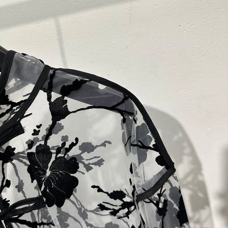 Coquettish Hollow out See through Printed Loose Stand-up Collar Button Long-Sleeved Shirt Popular Avant-Garde Temperament Top