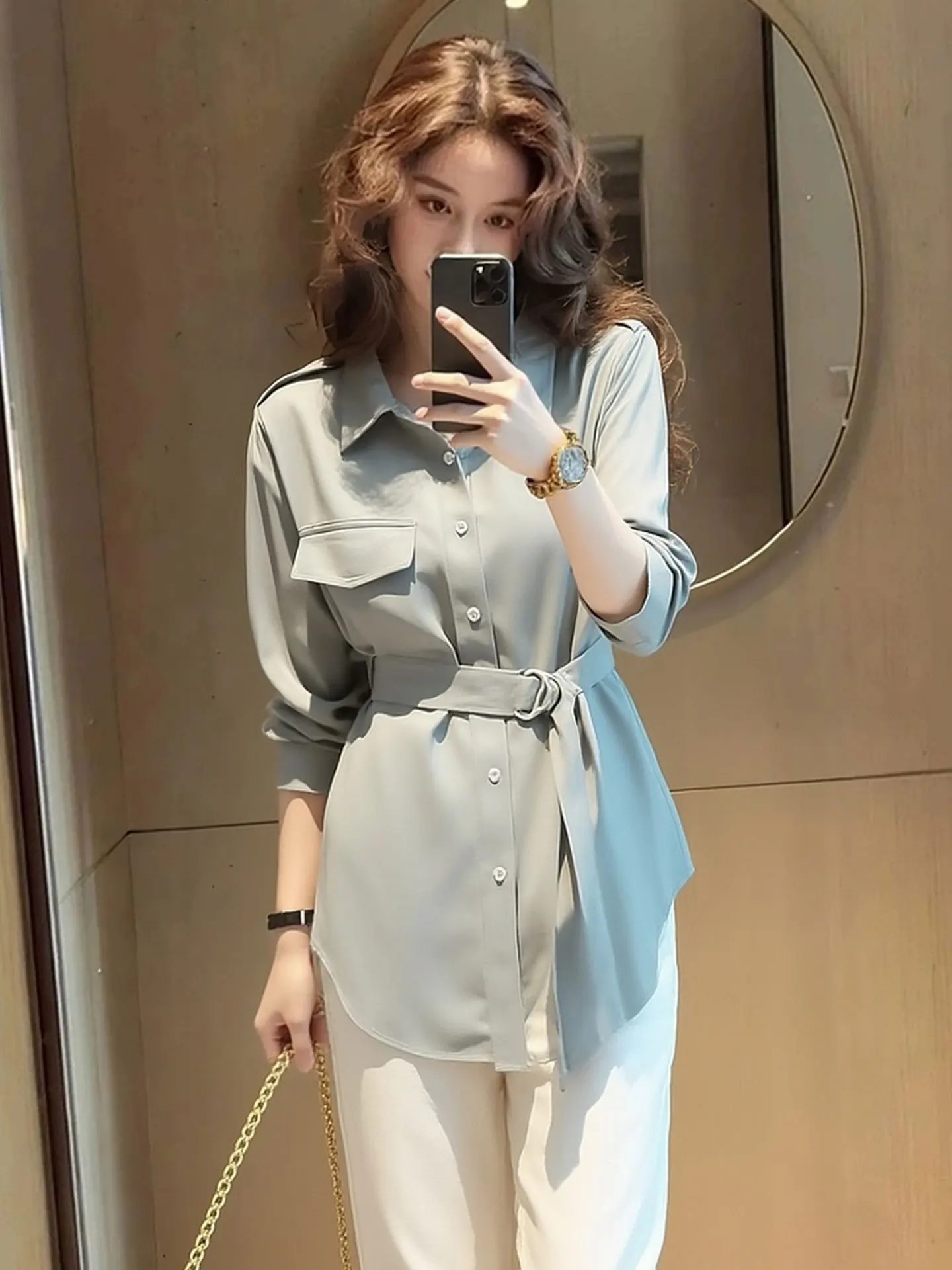 

Ele Pure Color Ne Long Sve irt Waist Cinched Spring 2026 Korean Sle Women's Silk Top Faionable irt