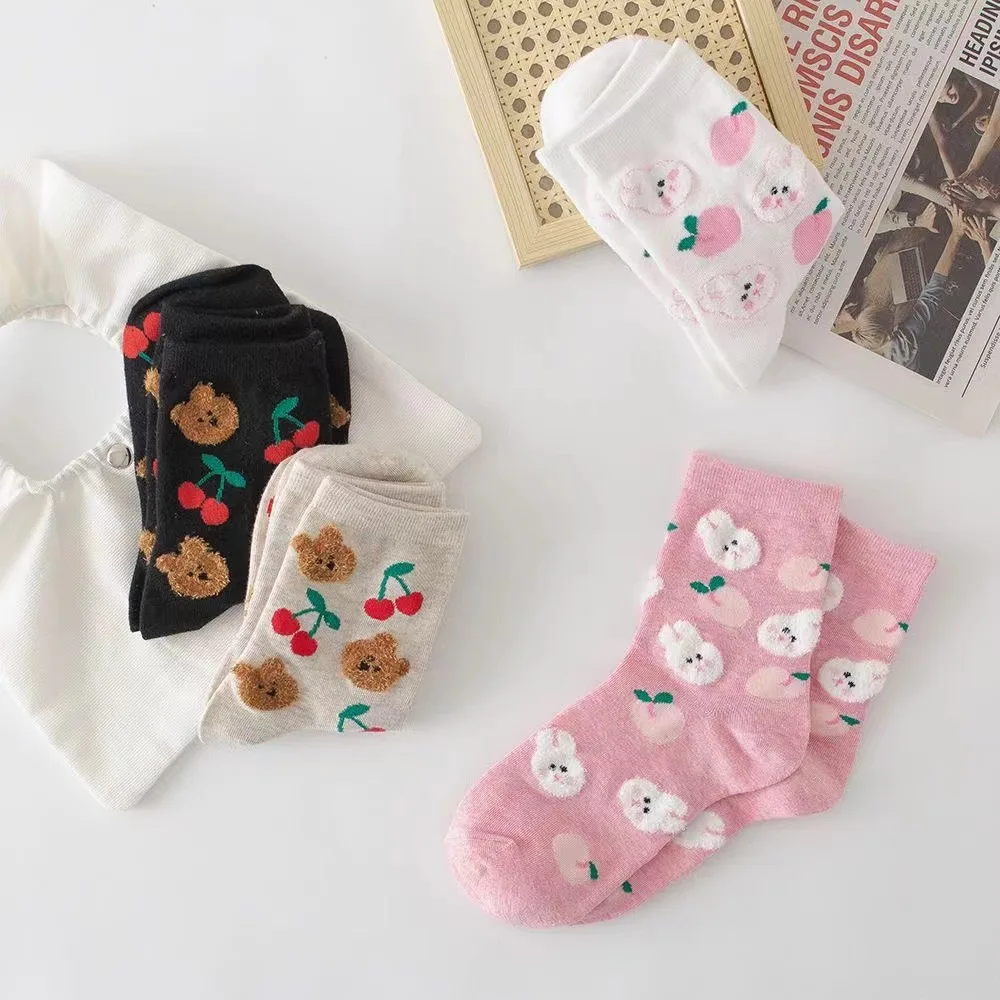 1Pair Spring and Summer Soft Cute Girl Mid-calf  Socks Cute Cartoon Bear Rabbit Student Female Korean Version Medium Tube Socks