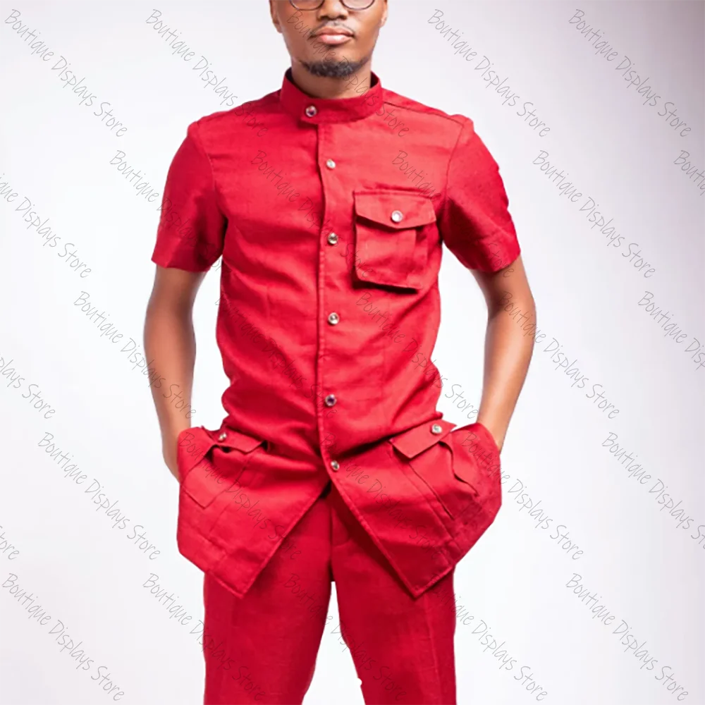 

Red Linen Single Breasted Short Sleeves Men Suit Peaked Lapel Business Casual Formal Costume Homme 2 Pcs Set Jacket Pants