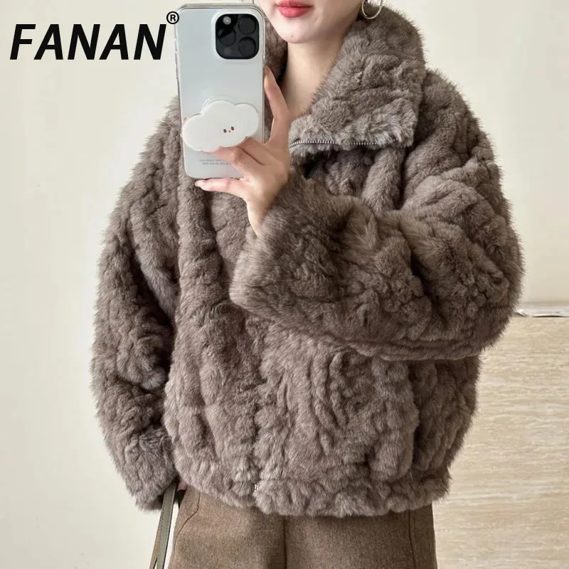 

FANAN Imitation Mink Large Lapel Drop Shoulder Zipper Faux Fur Coat Lined Eco-Friendly Mink Fur Warm Short Jackets Winter New
