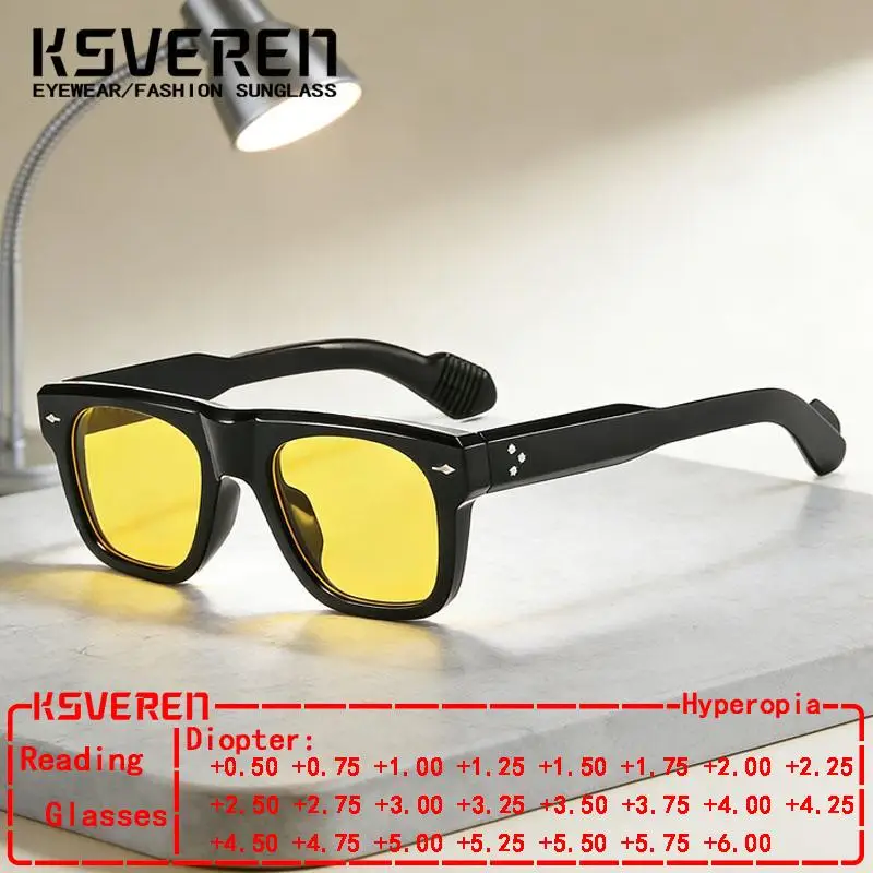 

Солнцезащитные очки для чтения с квадратными желтыми линзами для мужчин, классические тонированные очки по рецепту для дальнозоркости, уличные солнцезащитные очки для чтения