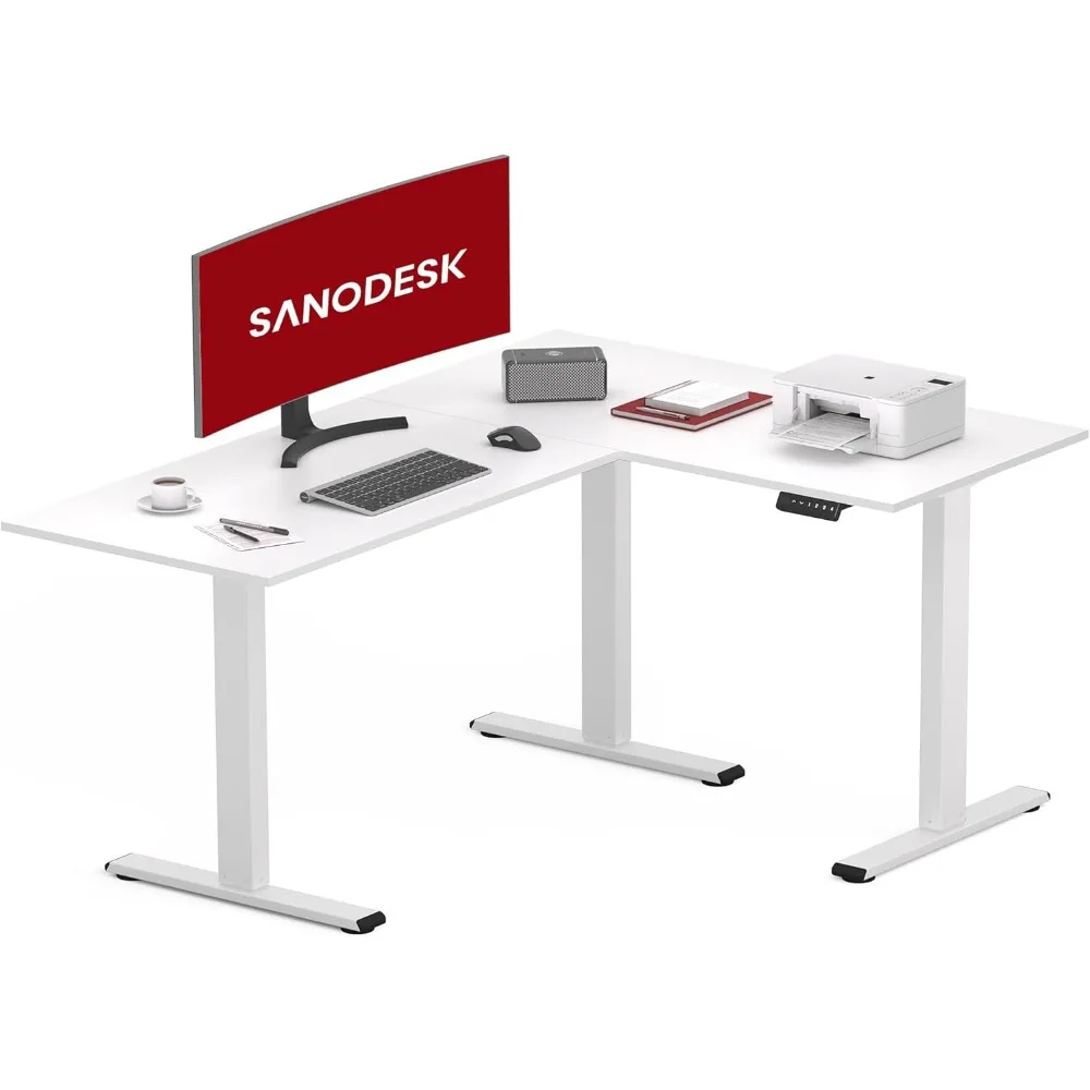 Electric Height Adjustable 63 x 47 inch Corner Stand Up Desk, White Table Top, White Frame, L-Shaped Standing Workstation