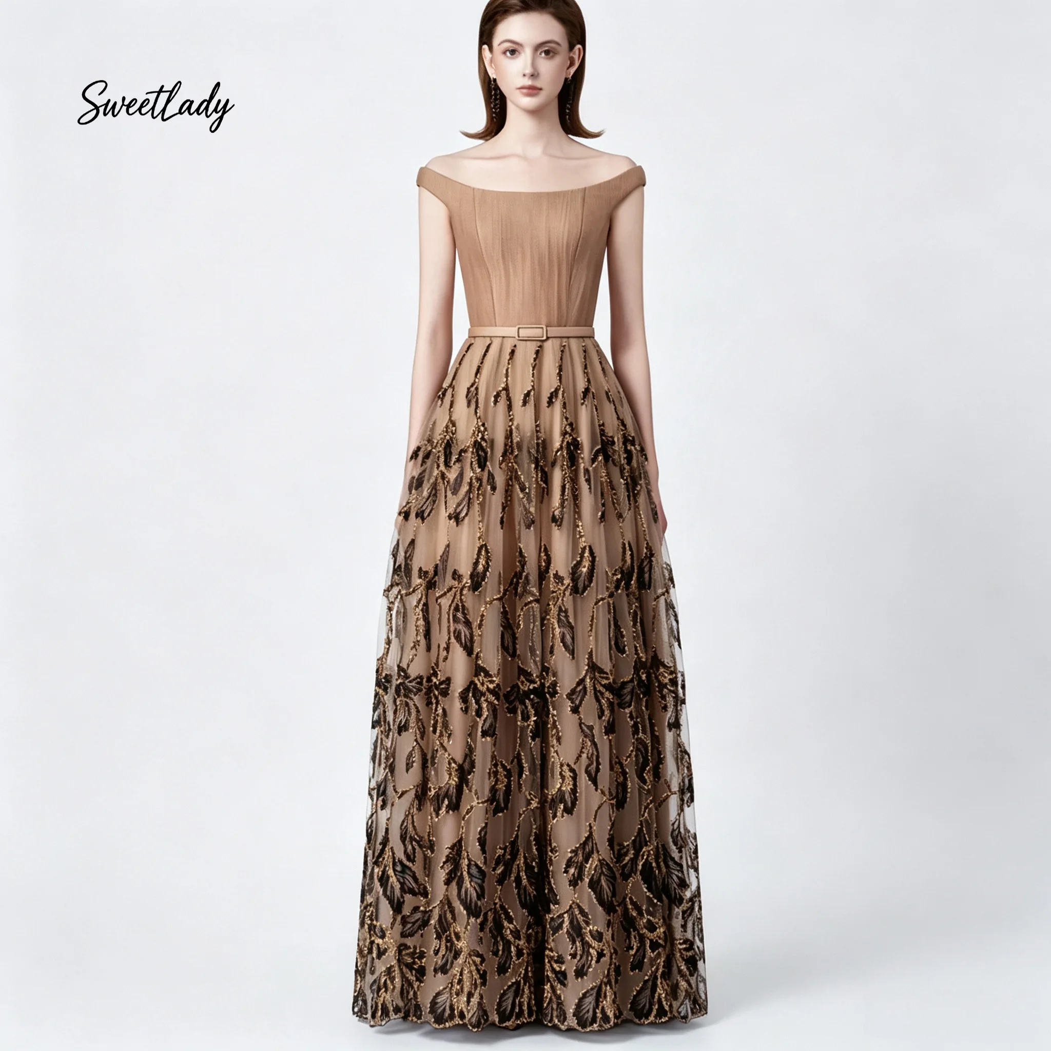 Vestido largo hasta el suelo con hombros descubiertos SweetLady, tul transparente, apliques de hojas doradas y negras, cinturón en la cintura, vestido de gala para cóctel.
