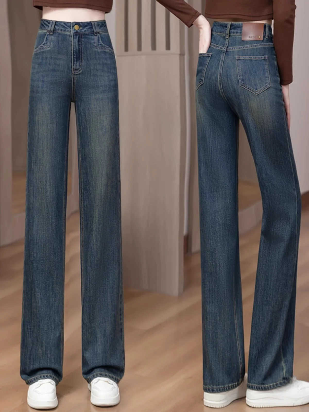 

High Waist Wide Leg Jeans Women's Slim Fit Casual Drapey Nine Point Straight Cut Pants Autumn New Sle Deep Blue Long Trousers