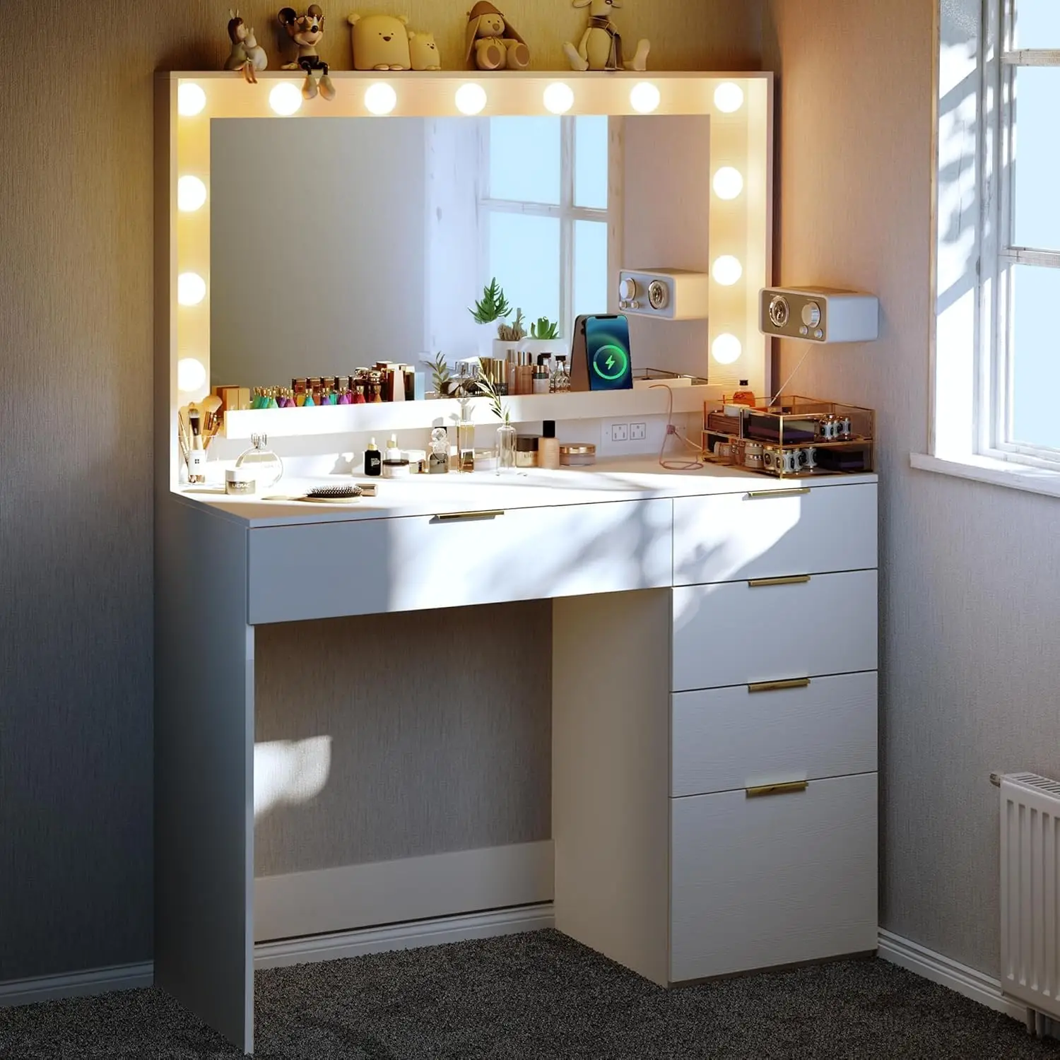 Makeup Vanity Desk with Large Mirror and 13 LED Lights, Vanity Table with Power Outlet & 5 Drawers, 3 Lighting Color Adjustable