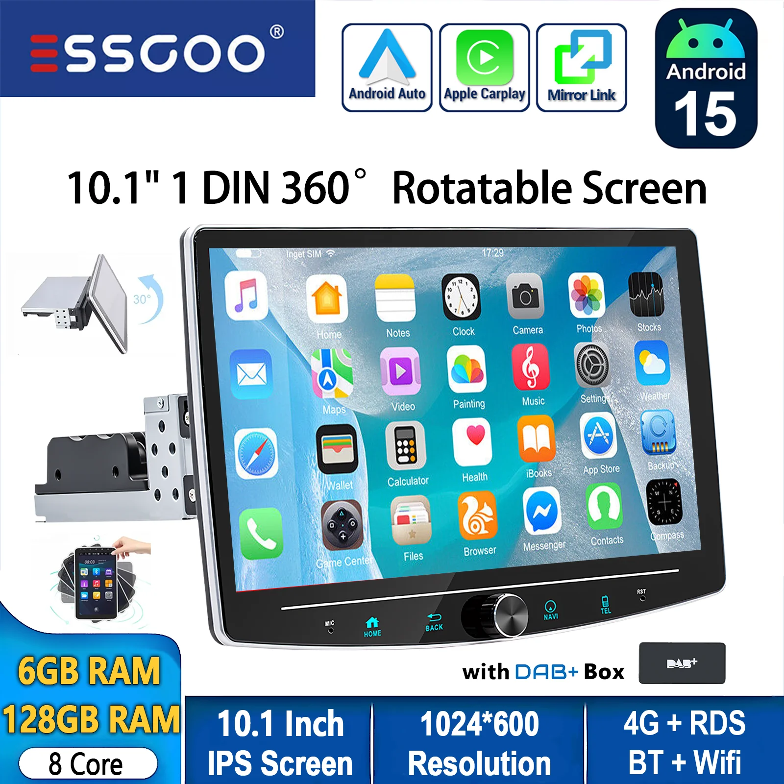 ESSGOO Android 15 10.1 "360 °   Draaibaar scherm 1DIN 6 + 128G 8core 4G Universele autoradio Carplay met microfoon AM Wifi BT RDS SWC