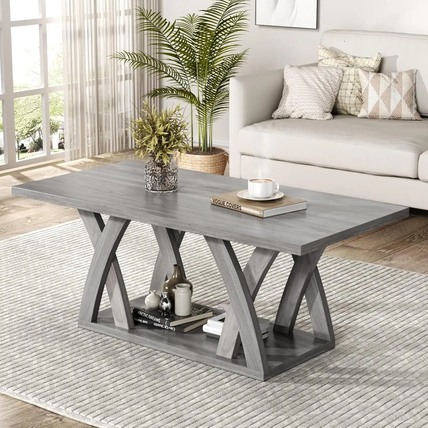 

Coffee Table with Shelf, Wood Coffee Table for Living Room, Open Display Area,47” Grey